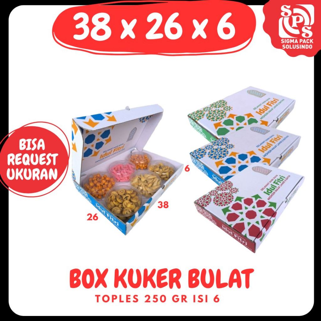 

Box Kuker isi 6 38x26x6 LD Toples 250gr Kue Kering Motif Lebaran/Polos Eid Mubarok Kotak Idul Fitri Dus Parcel Box Lebaran Kardus Packing Bingkisan Baju Kotak Hampers