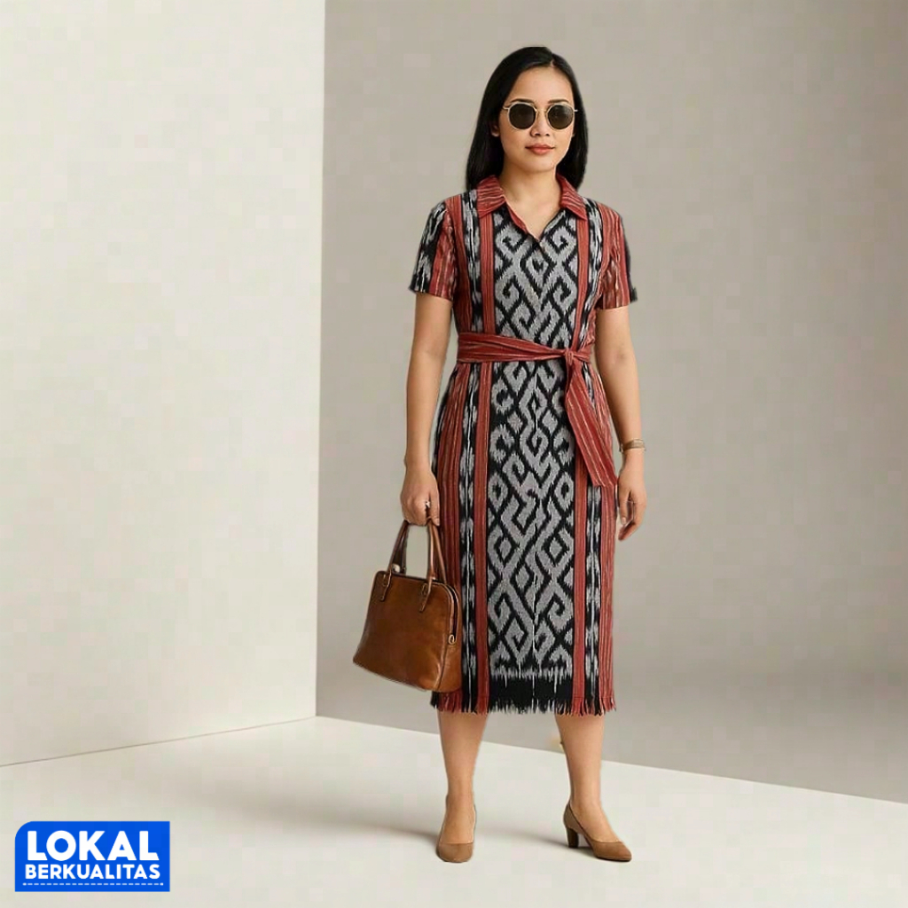 DRESS TENUN IKAT ETNIK WANITA MIDI FORMAL WARNA MERAH HITAM LENGAN PENDEK MOTIF NTT HANDMADE JEPARA 