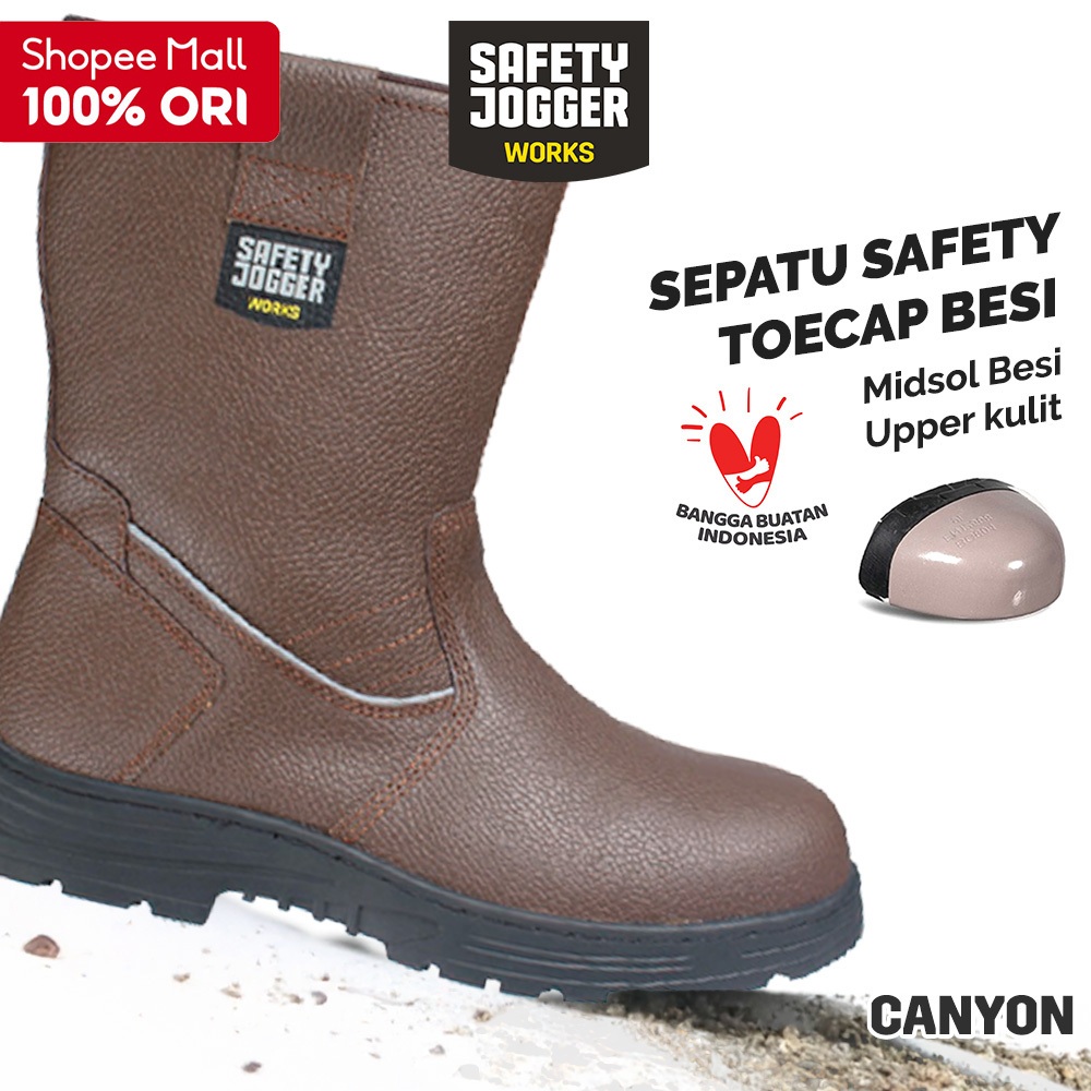 Sepatu Safety Jogger Canyon Ujung Besi Sepatu Kulit Boot Tinggi Anti Selip Perlindungan Tapak Besi
