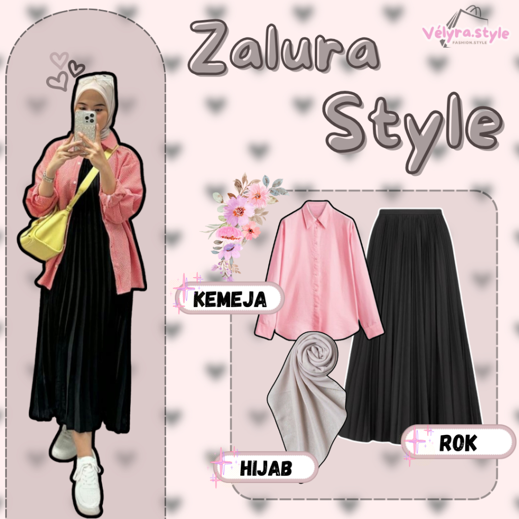 Outfit  Hangout Kece Korean Style Hijab (Kemeja+Rok Plisket+Bellla Square) ootd Kece VS3J