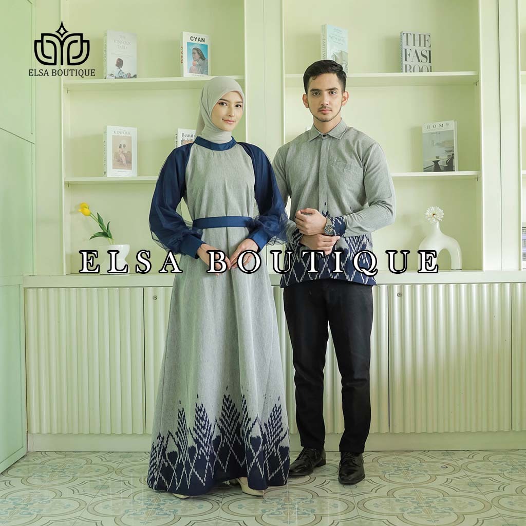 Set couple syahira grey navy kemeja pria dan dress wanita, gamis kondangan ethnic, couple baju konda