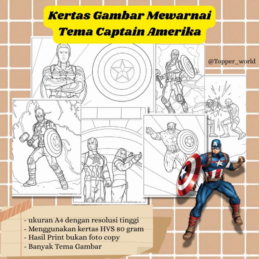 

20 LEMBAR KERTAS MEWARNAI ANAK TEMA CAPTAIN AMERIKA (READY LANGSUNG KIRIM)