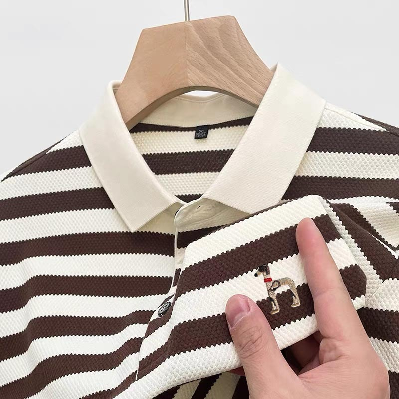 Polo Shirt Pria Kemeja Pria Garis-Garis Pola Hitam Putih Kaos Kerah Pria Bordir tangan