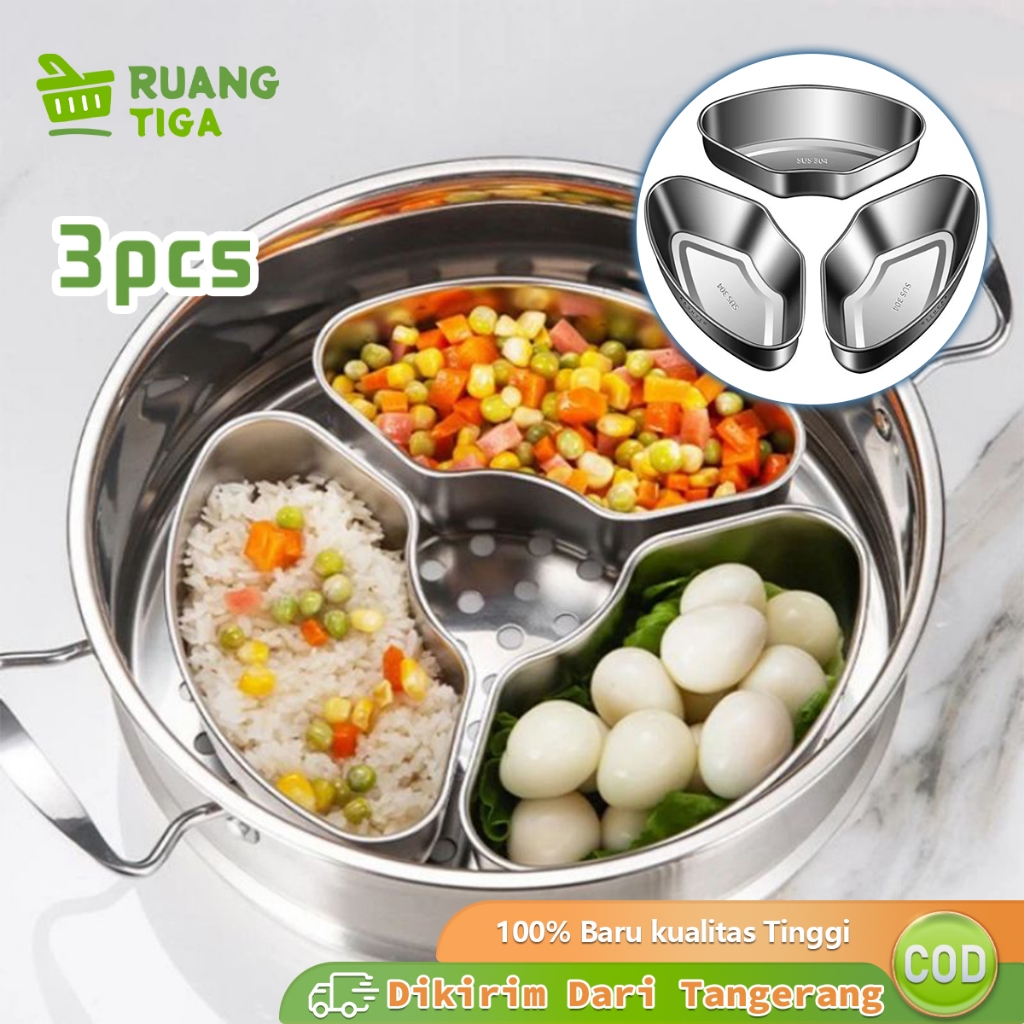 3pcs/set Mangkuk Kukus Wadah Kukus Makanan Serbaguna Stainless Steel