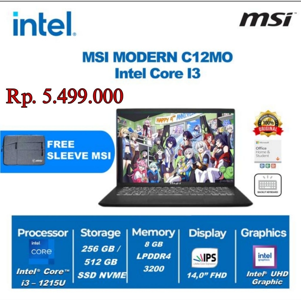 LAPTOP MSI Modern 14 C12MO i3-1215U/8GB/256GB SSD