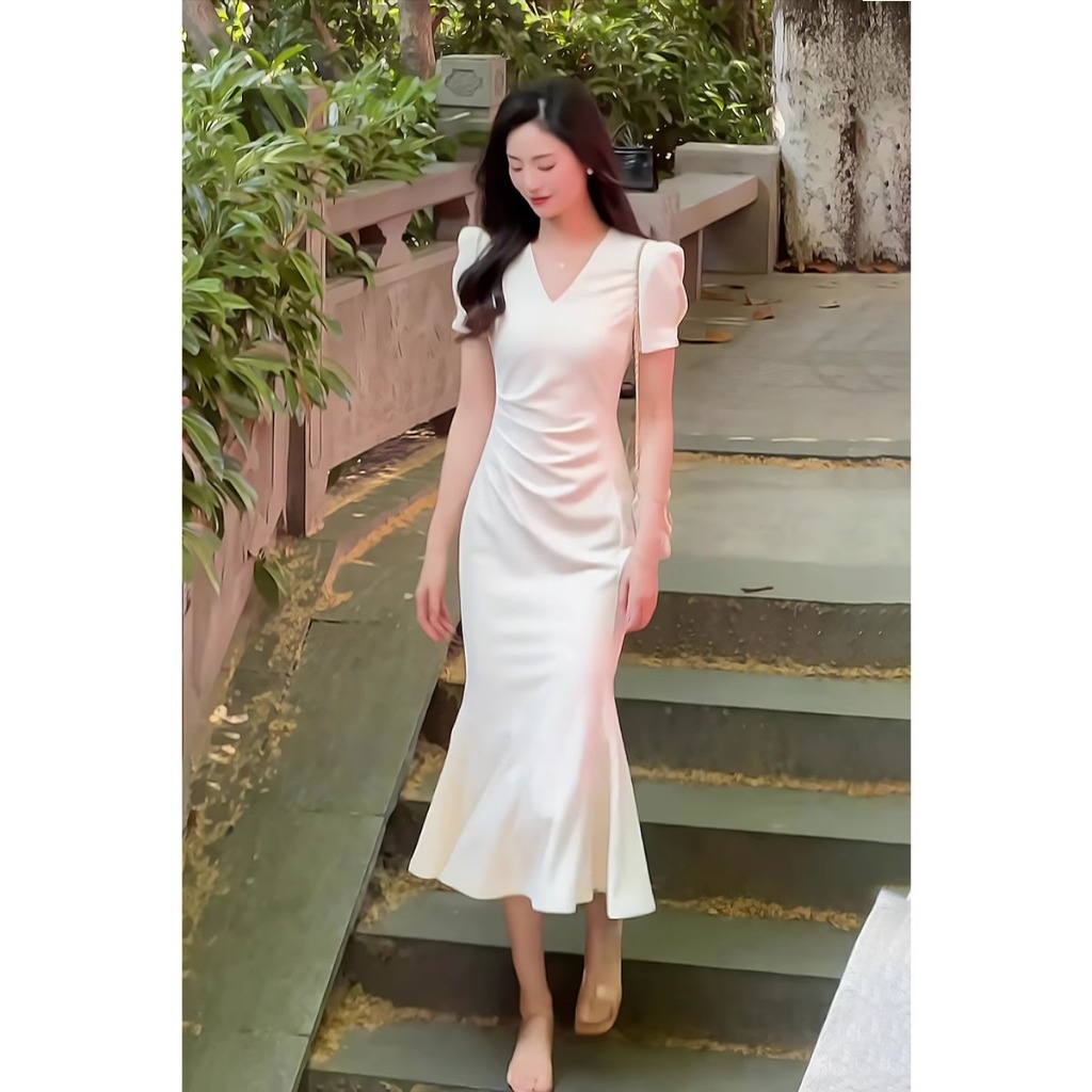 Dress Putih Panjang Lengan Pendek Dress Elegan Mewah Dan Simple Casual Baju Midi Dress Korean Style 