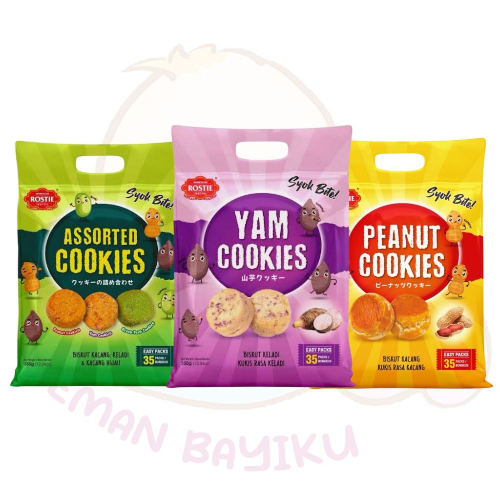 

Rostie Biskuit Kacang Syok Bite 300gr (isi 35pcs) Kue Aneka Rasa Assorted Peanut Keladi Talas Kacang Hijau Cookies