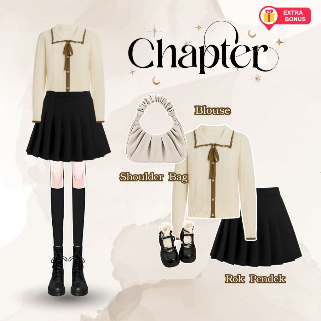 One Set 3in1 Blouse Sailor Rok Skirt Pendek Shoulder Bag Tas Kerut | OOTD outfit wanita cewek anak r