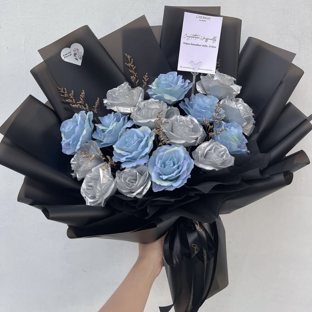 Buket Mawar Besar Bouquet Large Roses Bunga 65cm Rose artificial Black Silver Blue Hitam Biru
