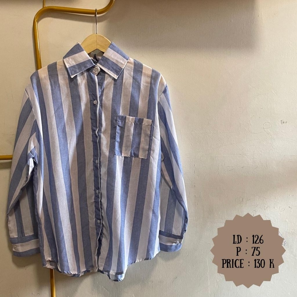 Kemeja Wanita Garis Garis Biru | Kemeja Wanita Linen | LD 126 | Kemeja Wanita Import Bangkok