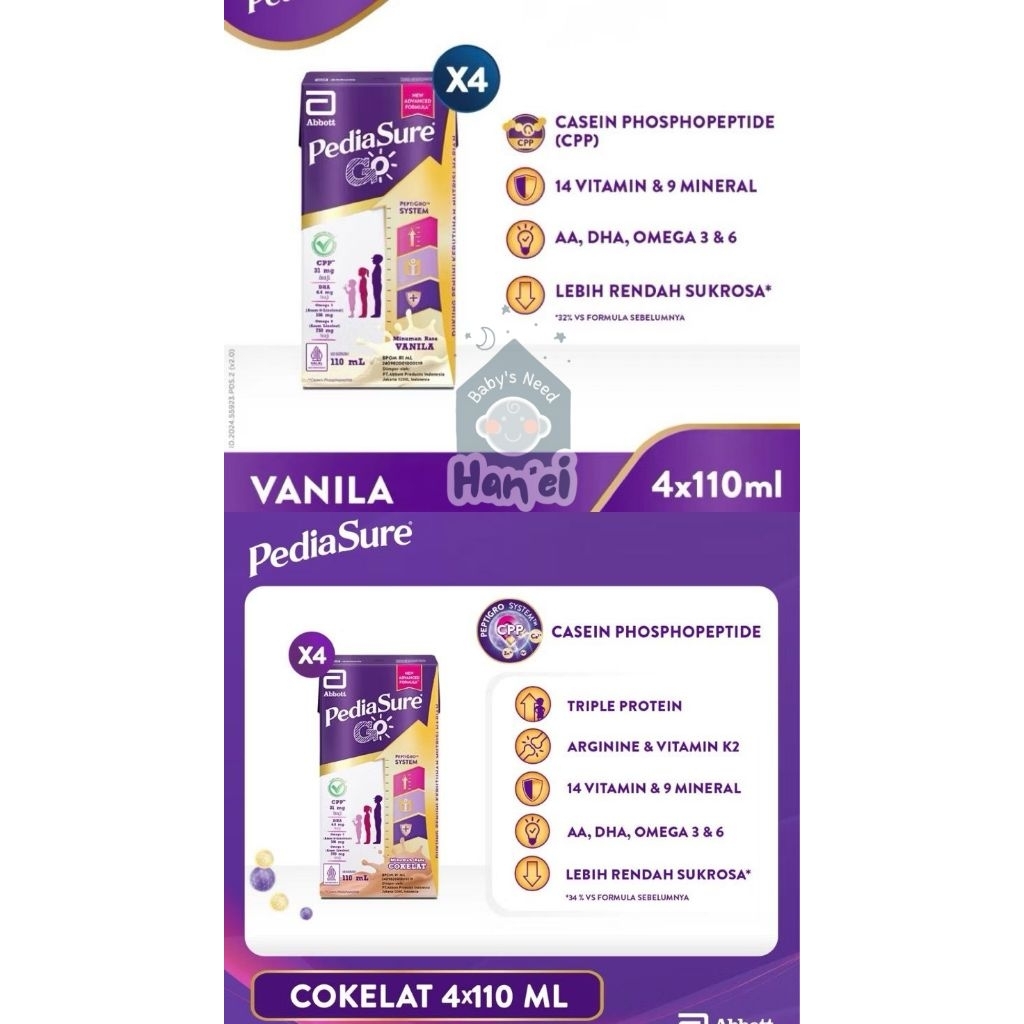 

Pediasure UHT Vanilla dan Coklat 4x110