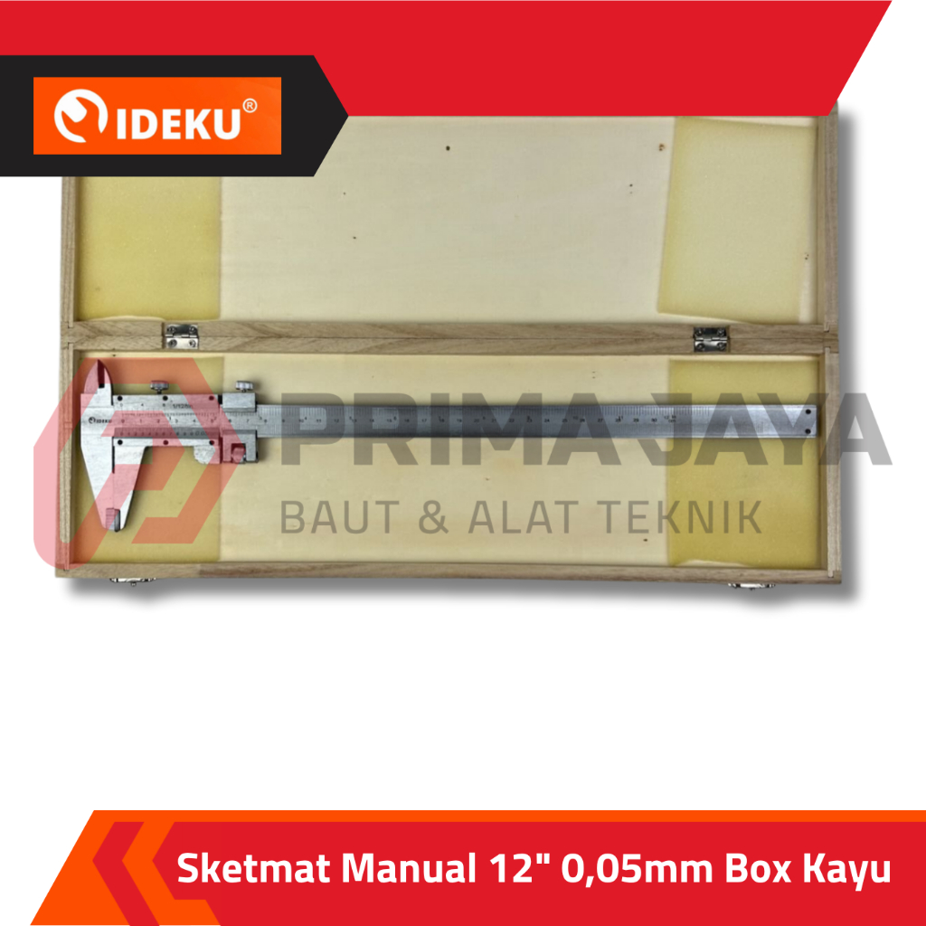 

SKETMAT PRESISI / VERNIER CALIPER / JANGKA SORONG / ALAT UKUR TEKNIK MANUAL 12" 0,05 MM BOX KAYU IDEKU