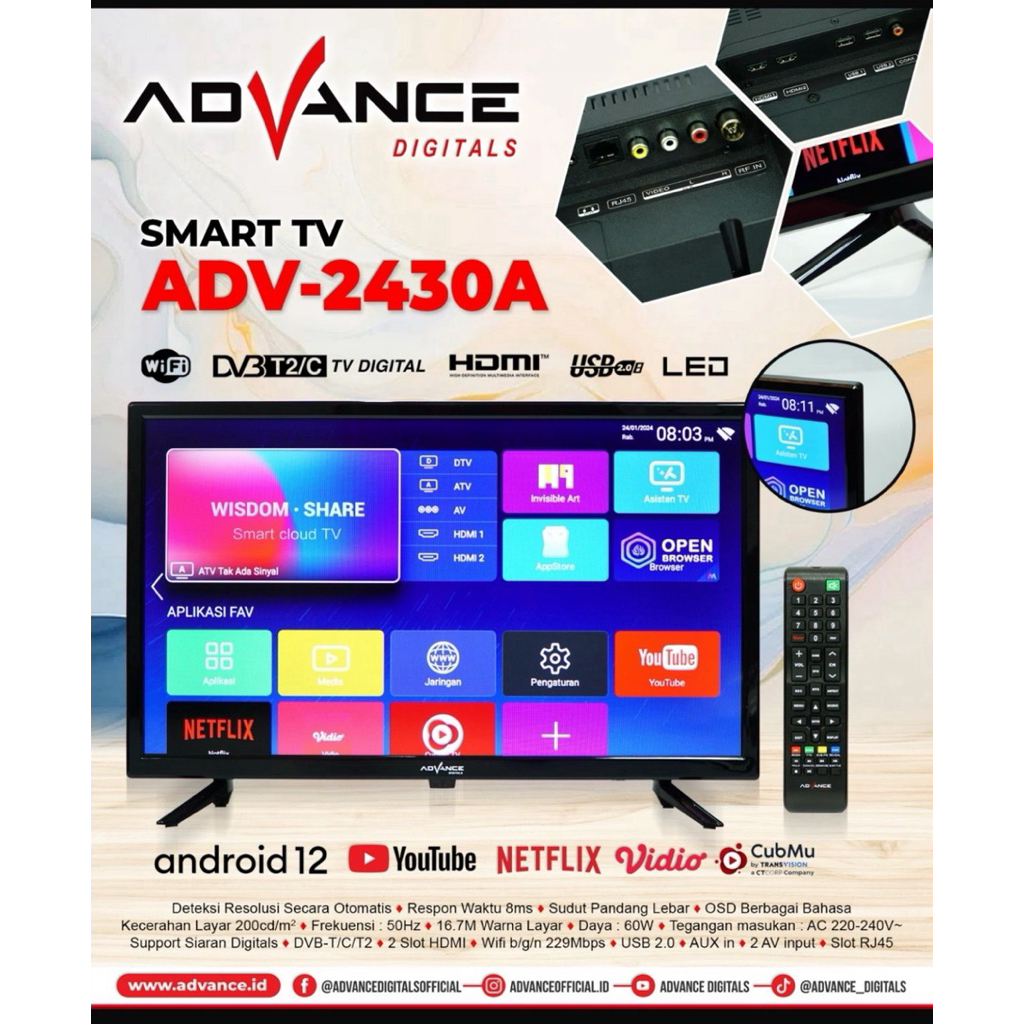 tv advance smart 24 inch dan digital 22”