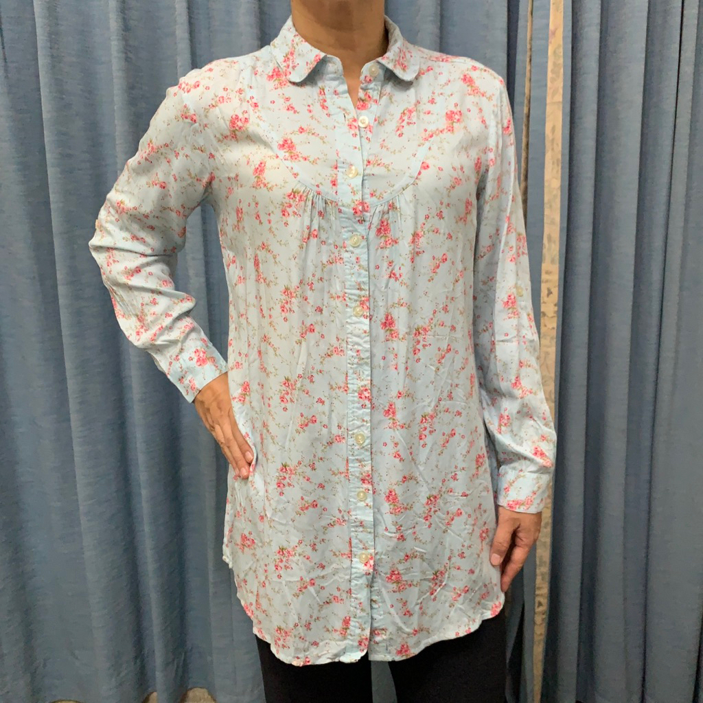 NOVEL MICE-Kemeja rayon wanita lengan panjang/Atasan wanita kerah wanita biru bunga pink