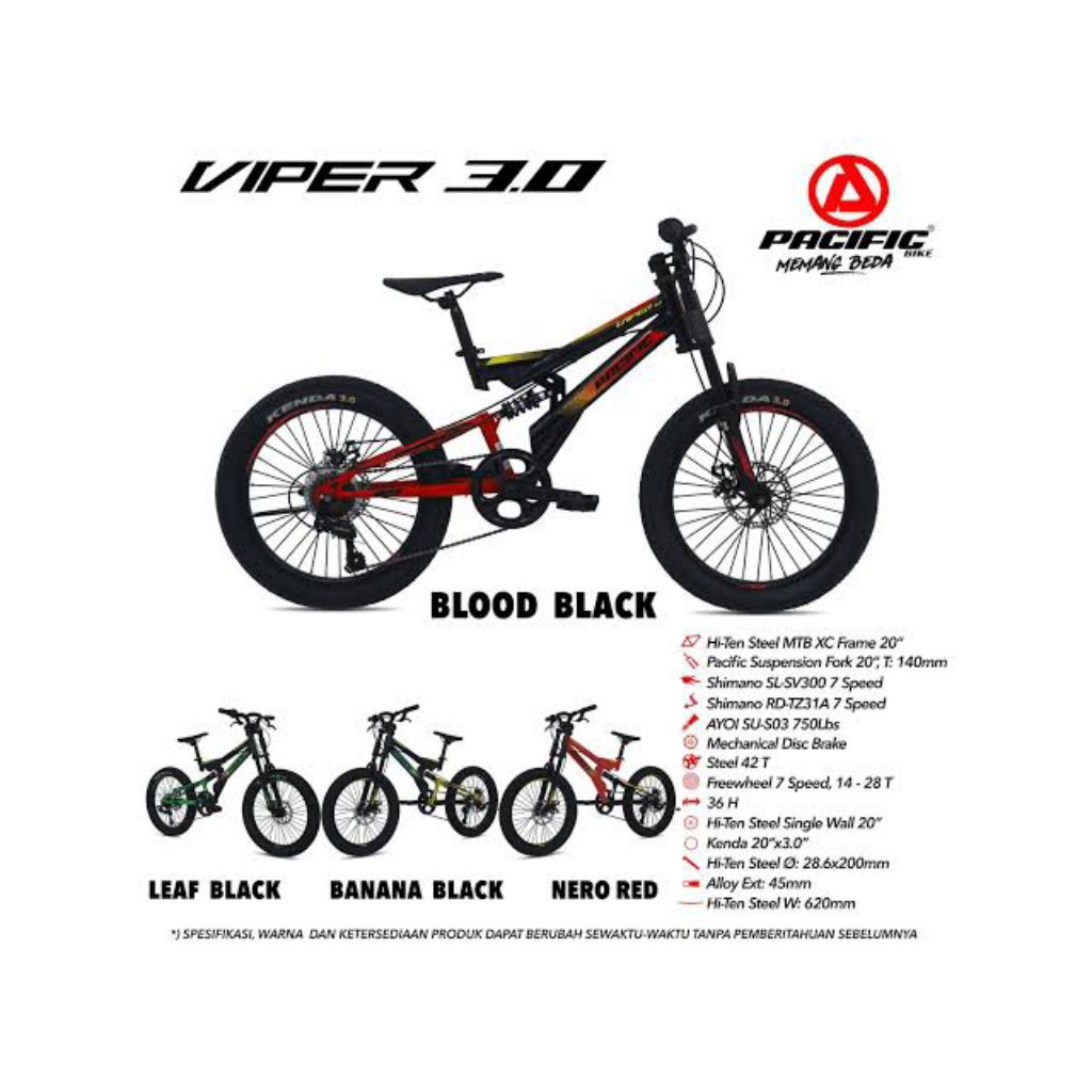 SEPEDA GUNUNG MTB ANAK 20 INCH PACIFIC VIPER 3.0 BAN JUMBO SHIMANO 7 SPEED UNTUK ANAK UMUR 9 TAHUN -
