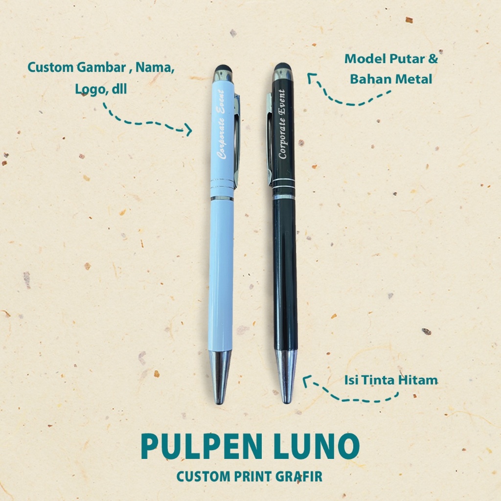 

Custom Pulpen / Pena Luno Souvenir Promosi Metal Putar Cetak Laser Grafir