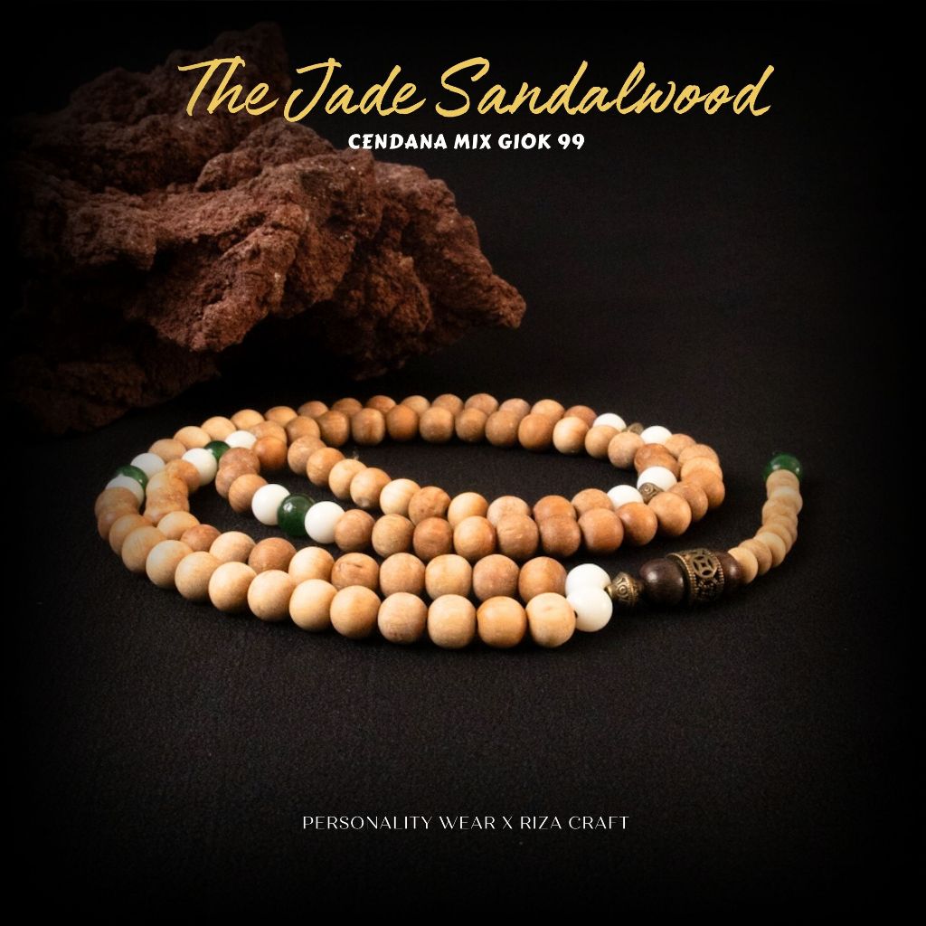 JADE SANDALWOOD - Tasbih 99 Butir Kecil Cantik Premium Kayu Cendana Asli 100% Wangi Kombinasi Batu A