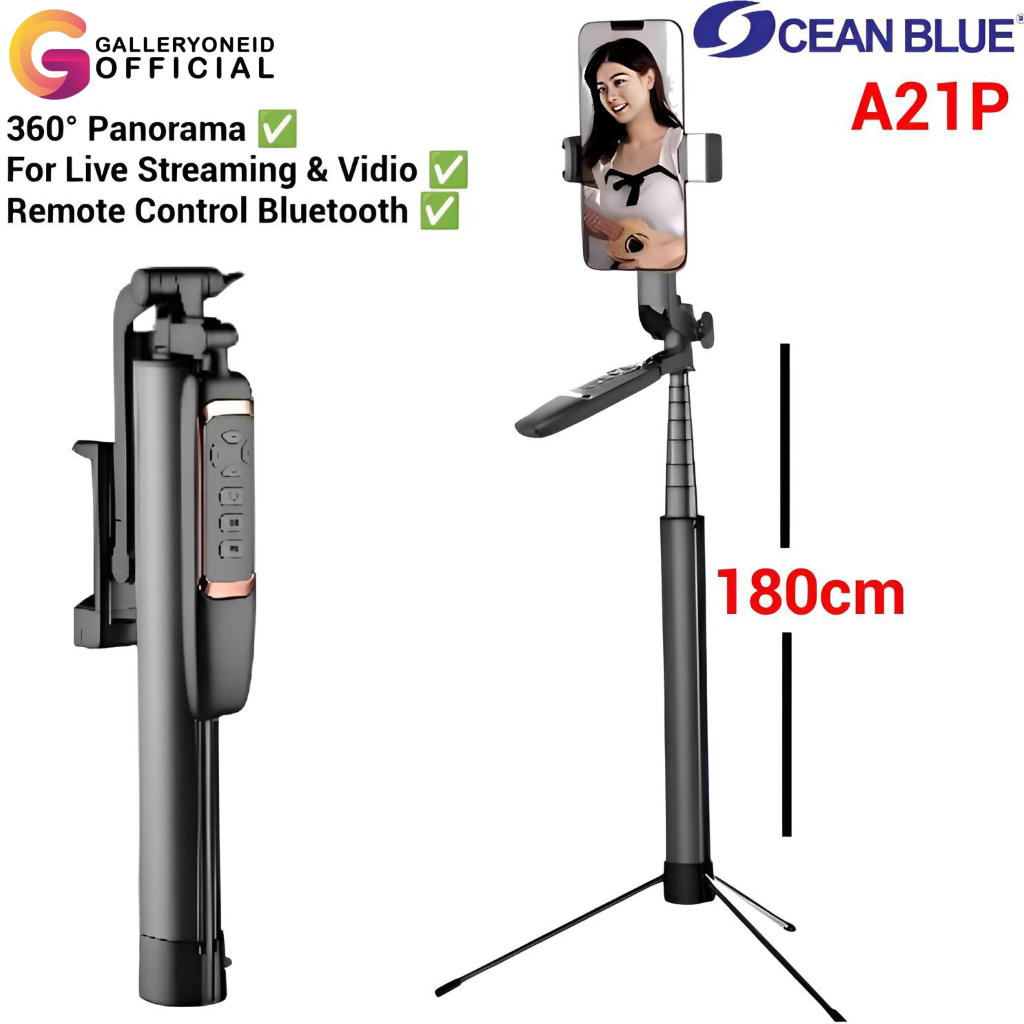 Tongsis Tripod Konten Kreator A21P 180CM LED Selfie Stick Holder HP Gimbal Stabilizer Oceanblue