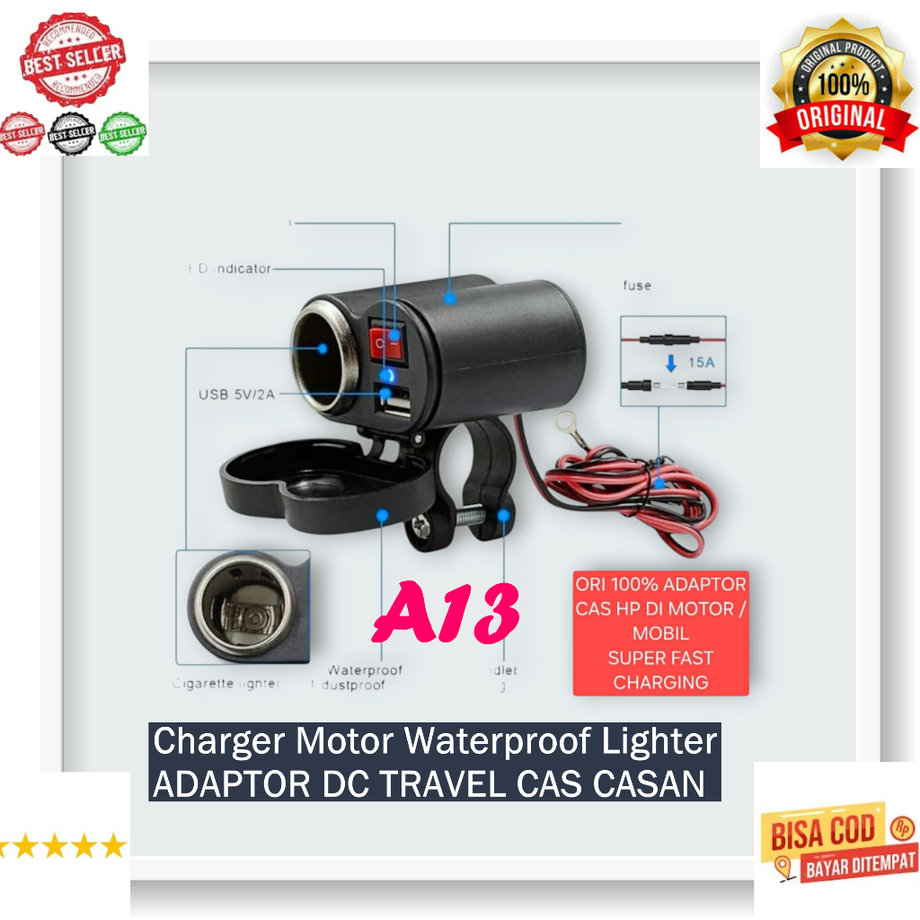 A13 PENGISIAN BATERAI ANTI AIR ORI 100% Charger Motor Waterproof Lighter ADAPTOR DC TRAVEL CAS CASAN