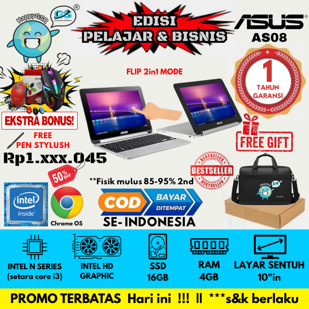 Laptop ASUS Chromebook C100P Flip Touchscreen 2in1 - Ringan & Praktis, Cocok untuk Pelajar & Kantora