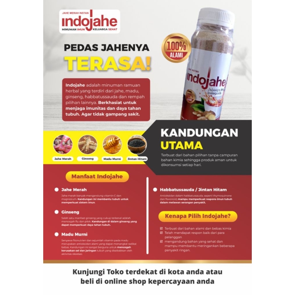 

JAHE INSTANT INDOJAHE JAHENYA ORANG INDONESIA 100%ALAMI MINUMAN HERBAL NAIK IMUNNYA SEHAT BADANNYA MENGANDUNG BAHAN JAHE MERAH MADU GINSENG