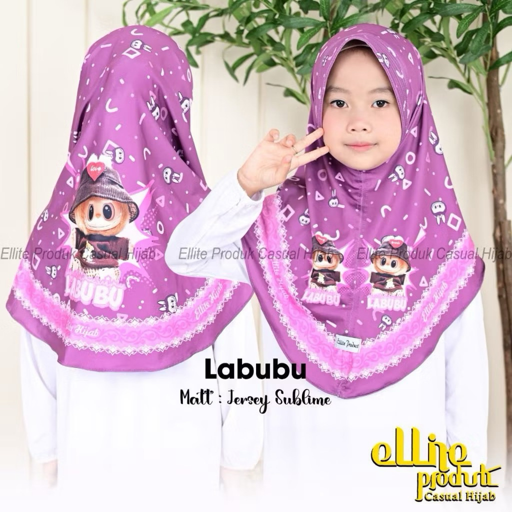 JILBAB ANAK TK SD MOTIF KARAKTER LABUBU BAHAN JERSEY ZOYA SUBLIM