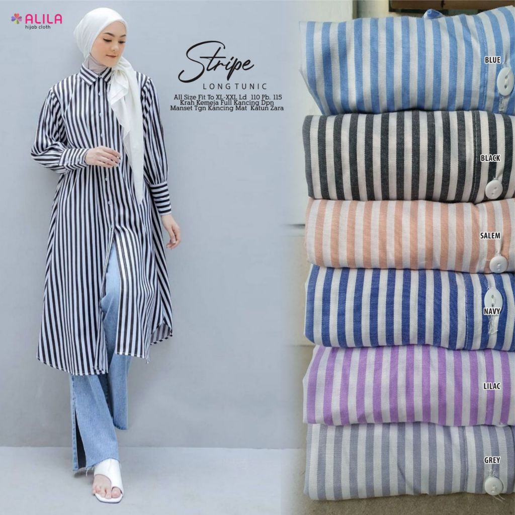 Stripe Long Tunik Ori By Alila Hijab Atasan Kemeja Wanita Salur Ld 110 [ READY COD ]