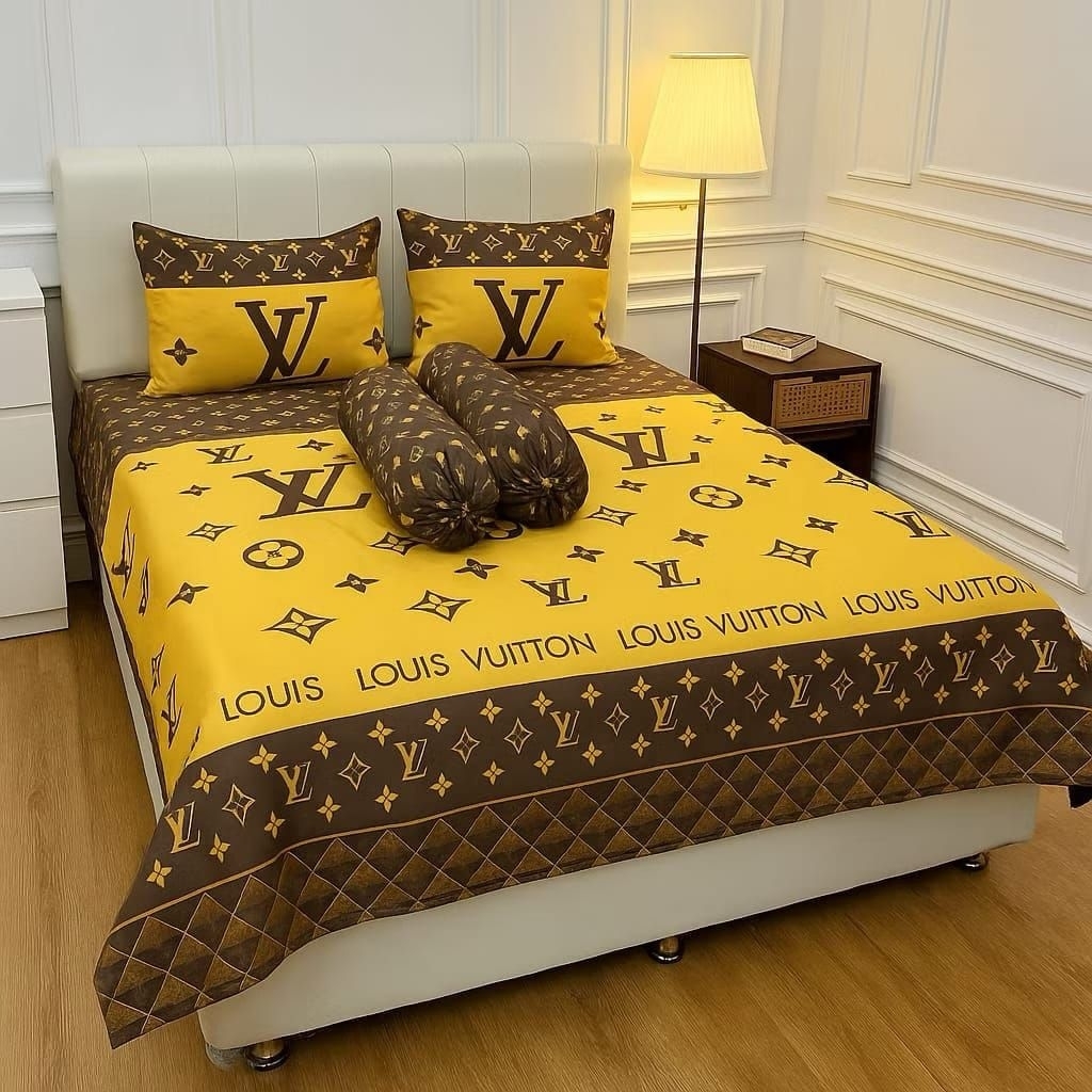 SPREI KARET KATUN PREMIUM 90/100/120/140/160/180/200 Motif Brand Lv Louis Vuitton gold