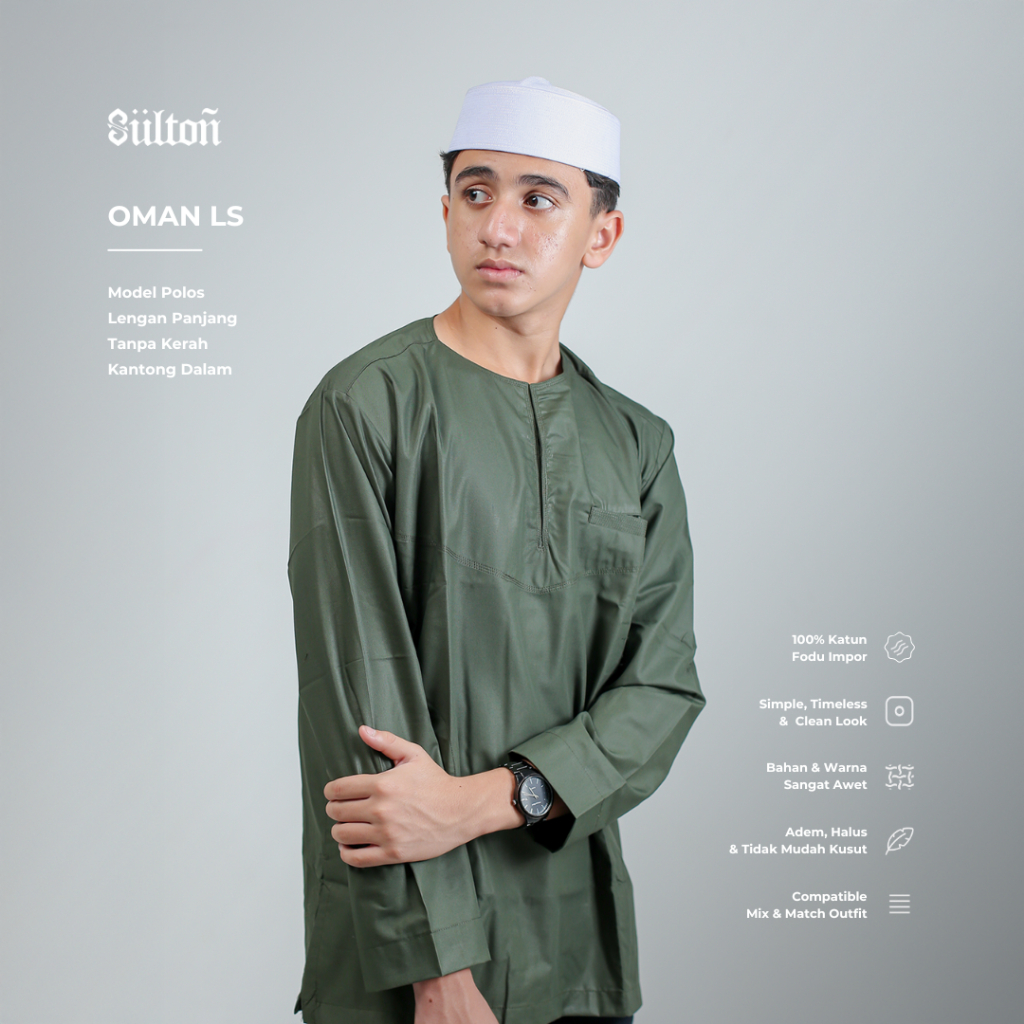 Koko Oman Sultan Lengan Panjang Tanpa Kerah Baju Koko Polos Pria Dewasa Santri Pria