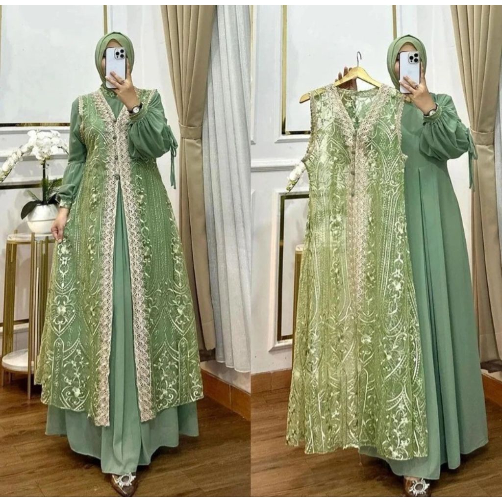 BEST SELLER GAMIS BROKAT NAURA DRESS 2IN1 BUSUI WUDHU FRIENDLY INNER CERUTY ADEM + OUTER BROKAT