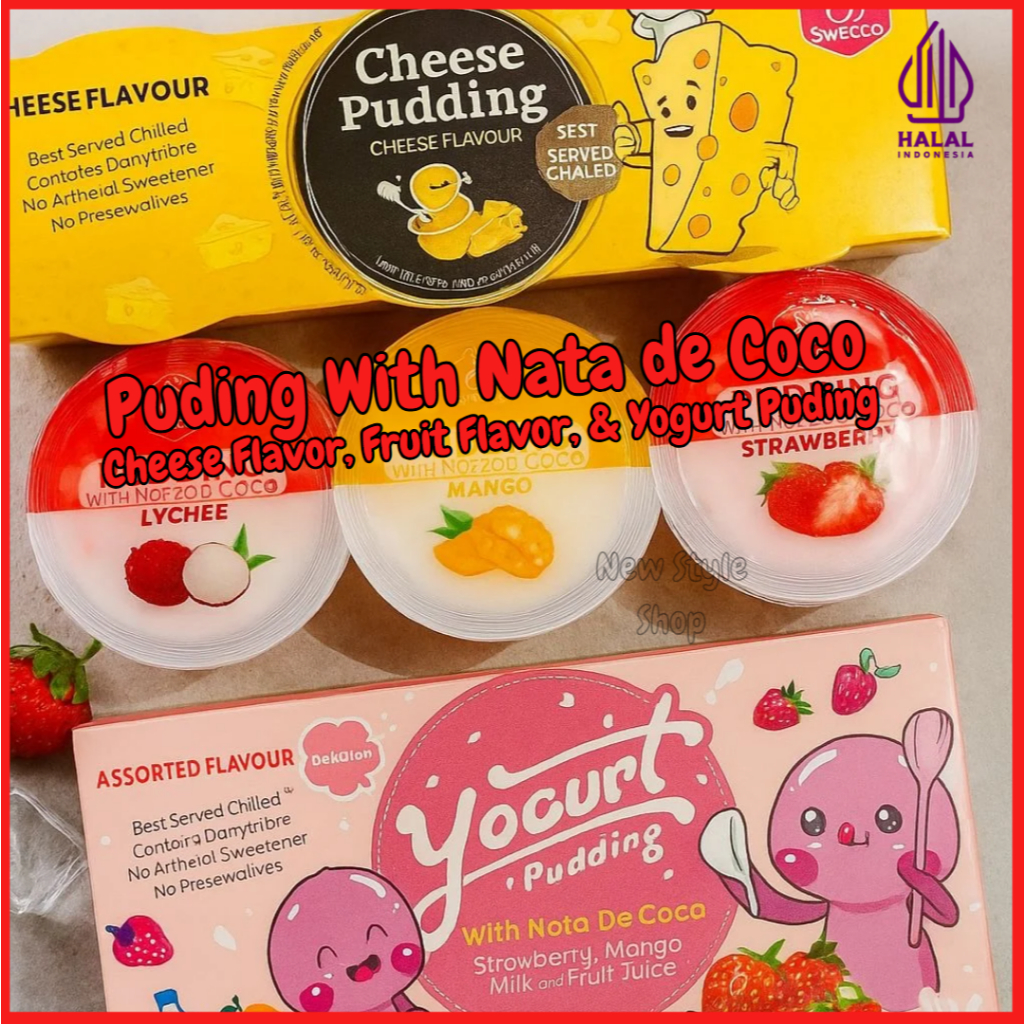

Swecco Puding With Nata de Coco Cheese Flavor, Fruit Flavor, & Yogurt Puding 3 Cup / Puding Aneka Rasa