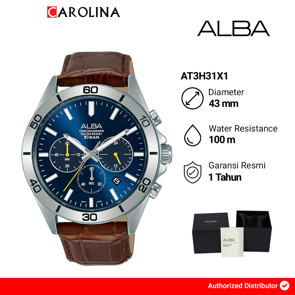 Jam Tangan Pria Alba Active AT3H31X1 Blue Dial with Brown Leather Strap