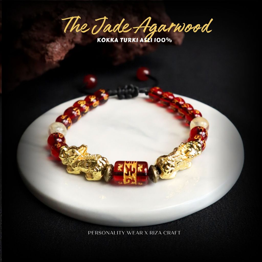 PIXIU BRACELET Gelang Pria Wanita Serut Keren Kekinian Batu Alam Kecil Kristal Merah Pixiu Naga Emas