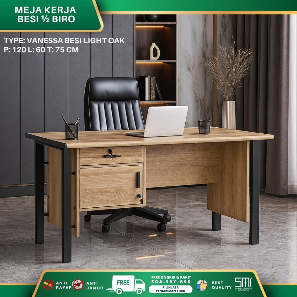 Meja kerja besi, meja kantor 1/2 biro, meja kerja minimalis, meja besi, meja tulis, meja kayu