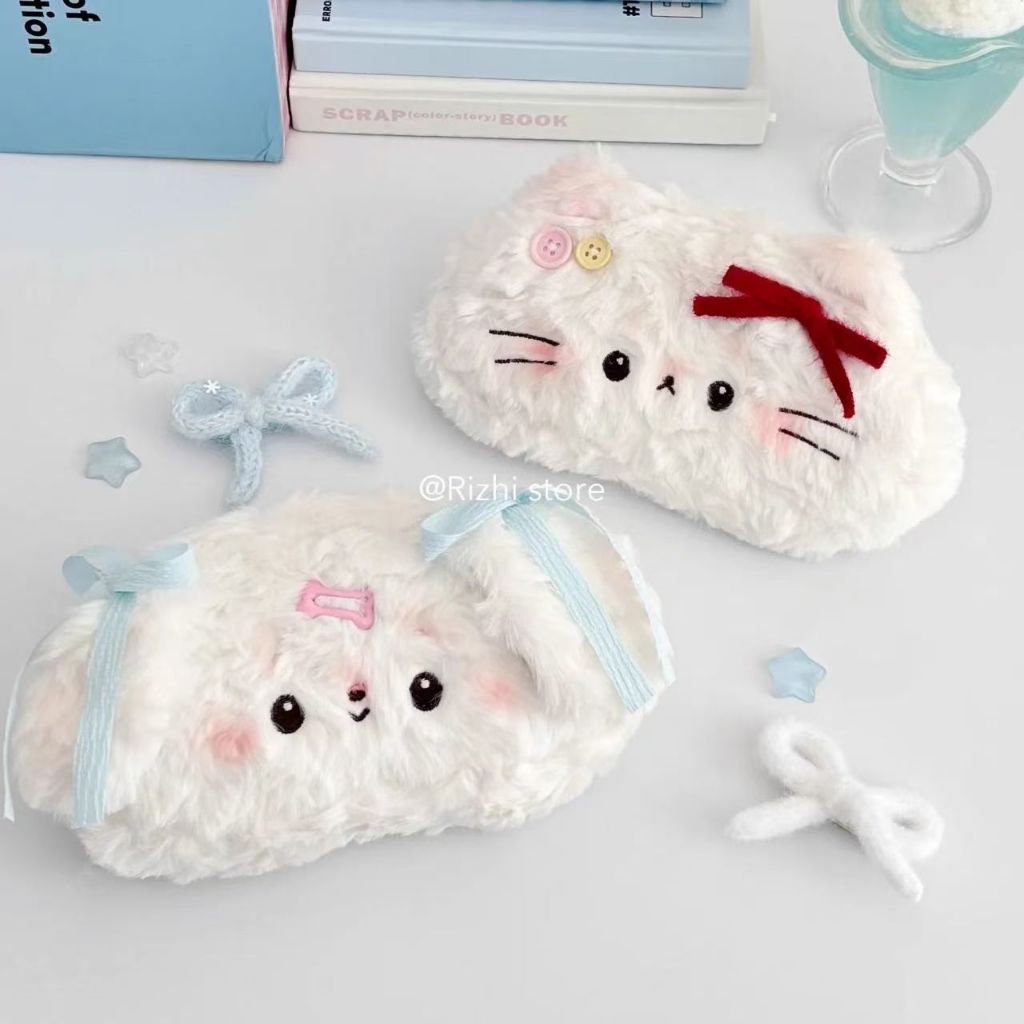 

Cat and Dog Plush Pen Bag Large Capacity Adorable Multi functional Student Stationery Storage Bag