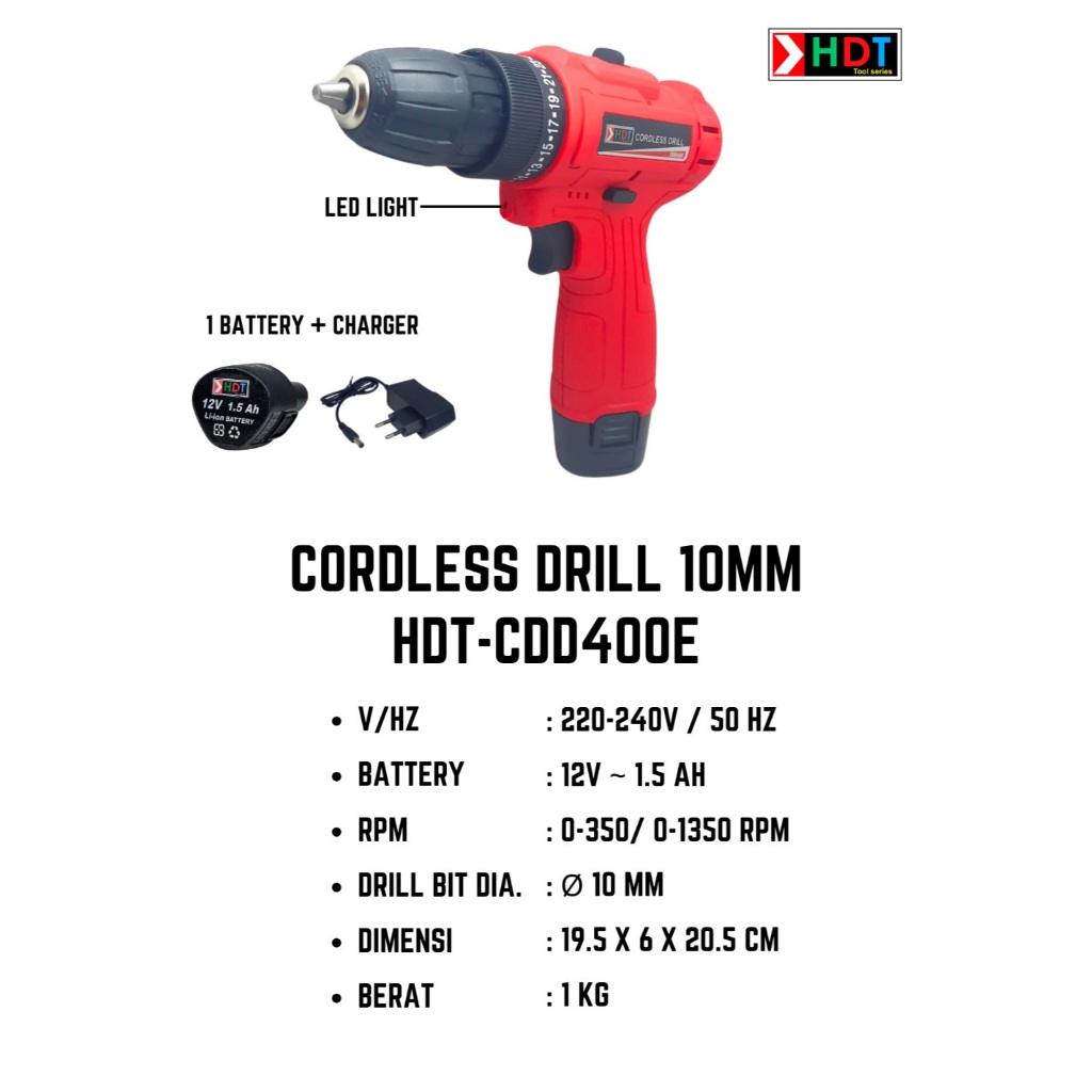 HDT BOR BATERAI 10MM / CORDLESS DRILL 12V HDT CDD400E (1 BATERAI 12VOLT)