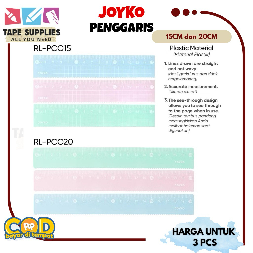 

(DAPAT 3 PCS) Ruler Penggaris Garisan JOYKO 15CM/20CM (Warna Pastel)