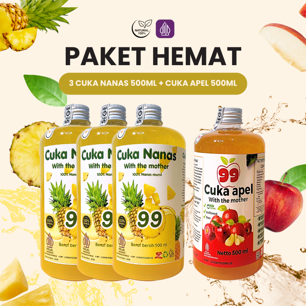 

BUNDLING 3+1 Cuka Nanas Cuka Apel Asli 100% Original Tanpa Pengawet 500 ml
