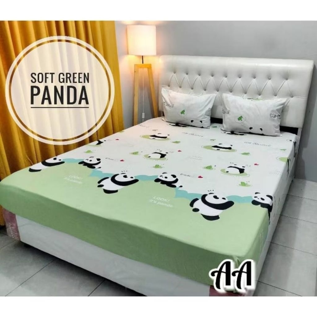 SPREI KARET KATUN PREMIUM 90/100/120/140/160/180/200 Motif Panda sage green hijau ijo