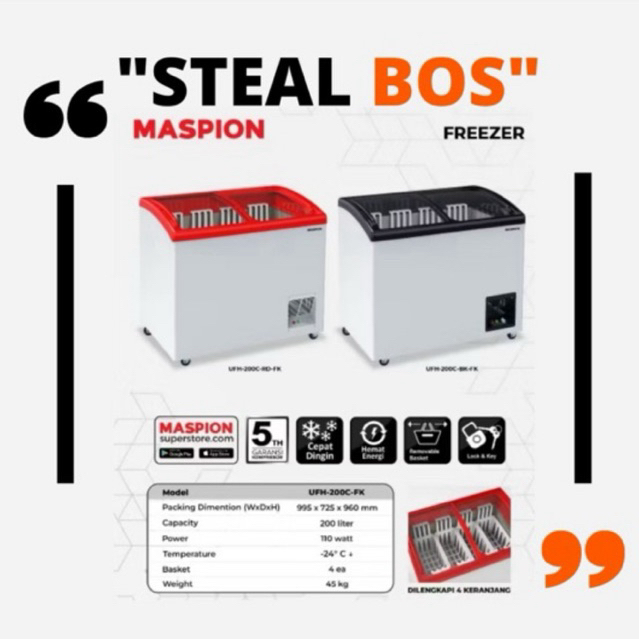 MASPION chest freezer UFH 200 C chest freezer box 200 liter kaca sliding pembeku