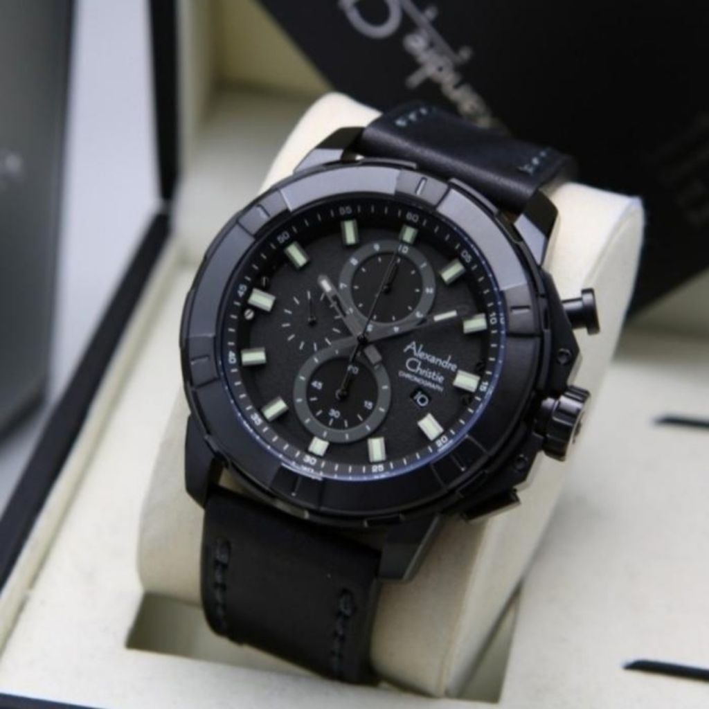 JAM TANGAN PRIA ORIGINAL ALEXANDRE CHRISTIE AC6588MC ALL BLACK LEATHER STRAP