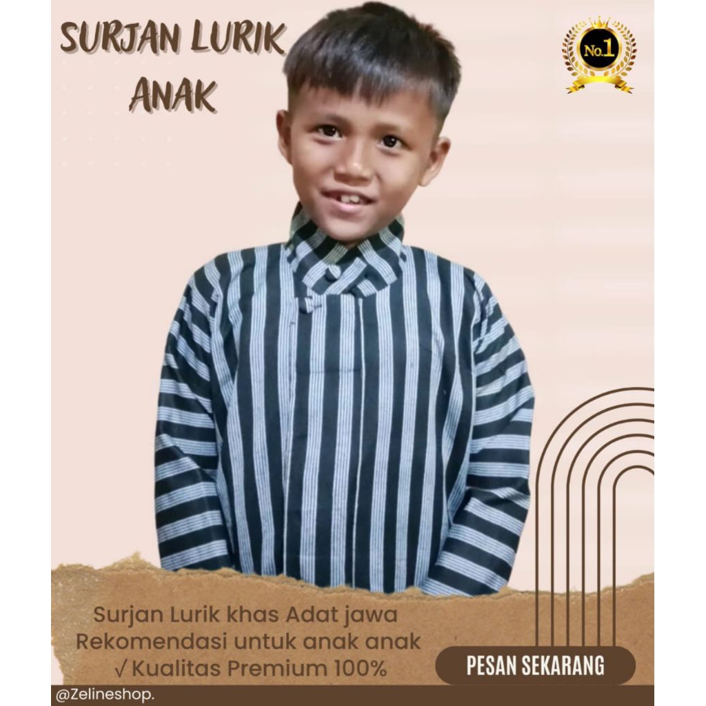 Baju Surjan Lurik Anak//Baju Surjan Lurik Adat Jawa untuk Anak anak//Motif Garis Hitam Abu abu