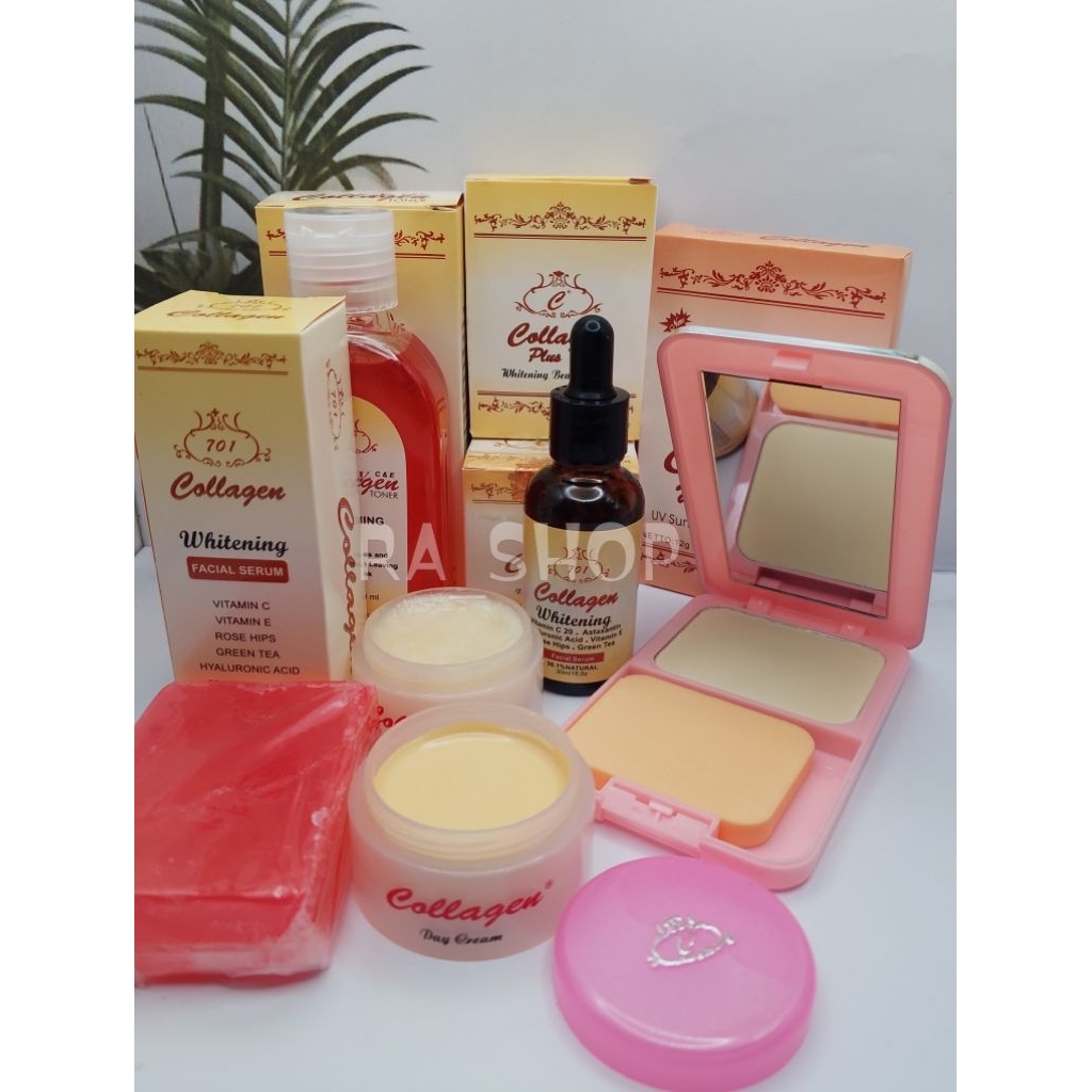 PAKET LENGKAP COLLAGEN 6in1 ( KRIM SIANG _ KRIM MALAM _ SERUM _ TONER _ BEDAK _ SABUN )