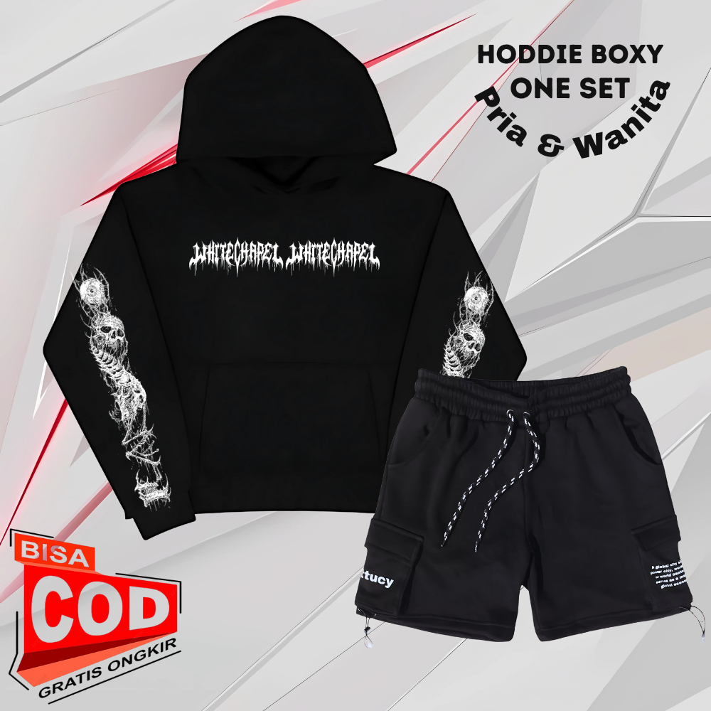 Oneset Hoodie Boxcy Celana Pendek Pria Wanita Distro Stelan Boxy Celana Cargo Bahan Flece Brend Meta