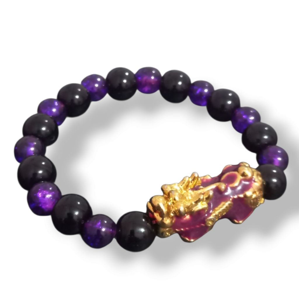 Gelang pixiu ungu keemasan batu kecubung ungu