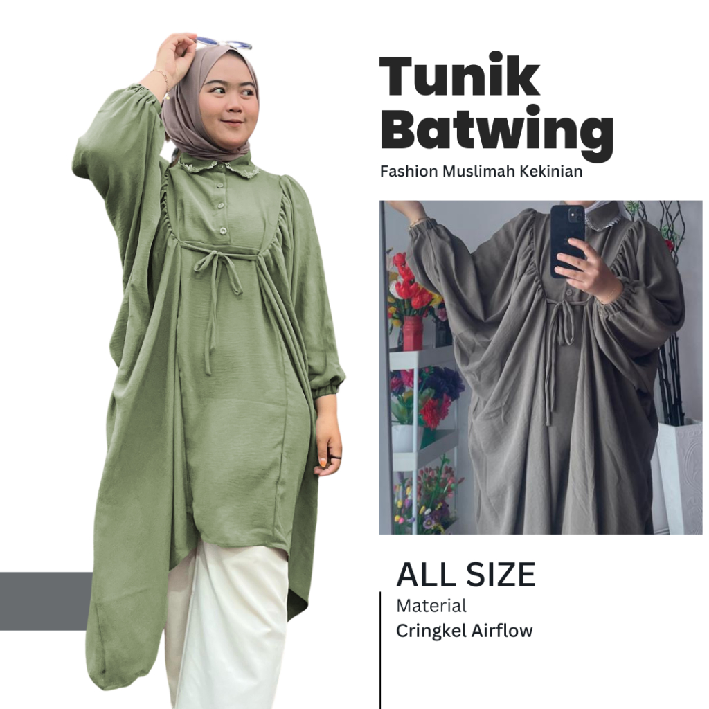 Tunik Batwing Renda Tali Lengan Kelelawar Bawahan Panjang Atas Lutut Bahan Cringkel Airflow