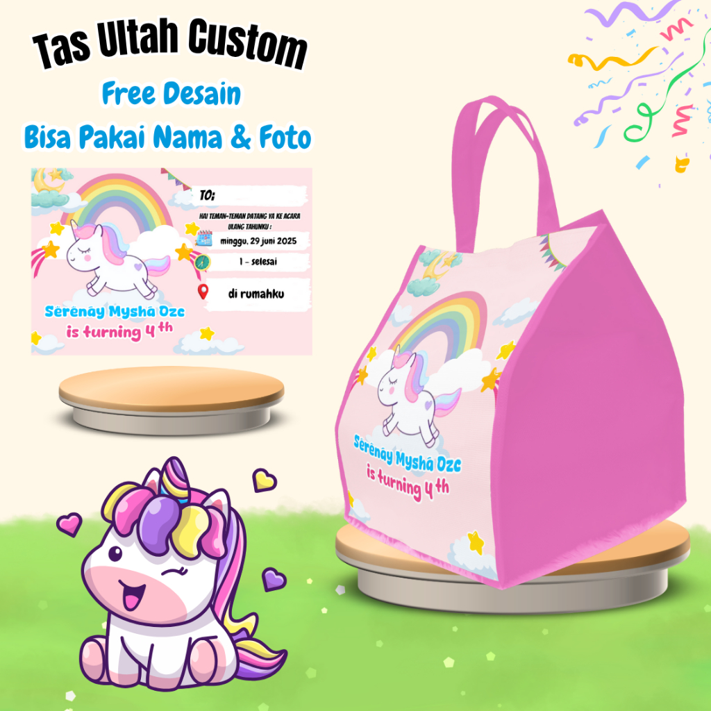 

Paket 40 Pcs Tas & Free Undangan Anak Ulang Tahun Custom Desain Muat Box Bento Snack Kain