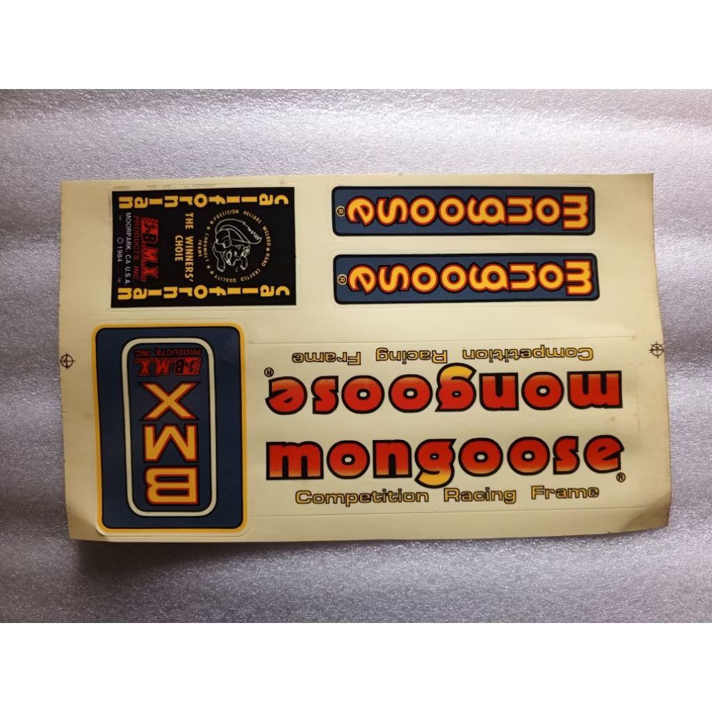 DECAL BMX MONGOOSE 1984 USA LABEL MADE IN TAIWAN MONGOOSE COMPETITION RACING FRAME STICKER BMX MONGO