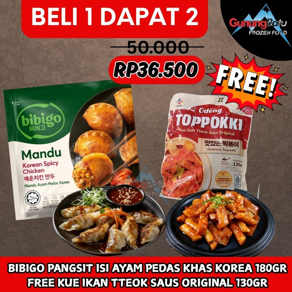 

BELI 1 DAPAT 2 BIBIGO MANDU KOREAN SPICY CHICKEN (PANGSIT ISI AYAM PEDAS KHAS KOREA 180GR) FREE ODENG TOPPOKKI (KUE IKAN TTEOK SAUS ORIGINAL) 130GR