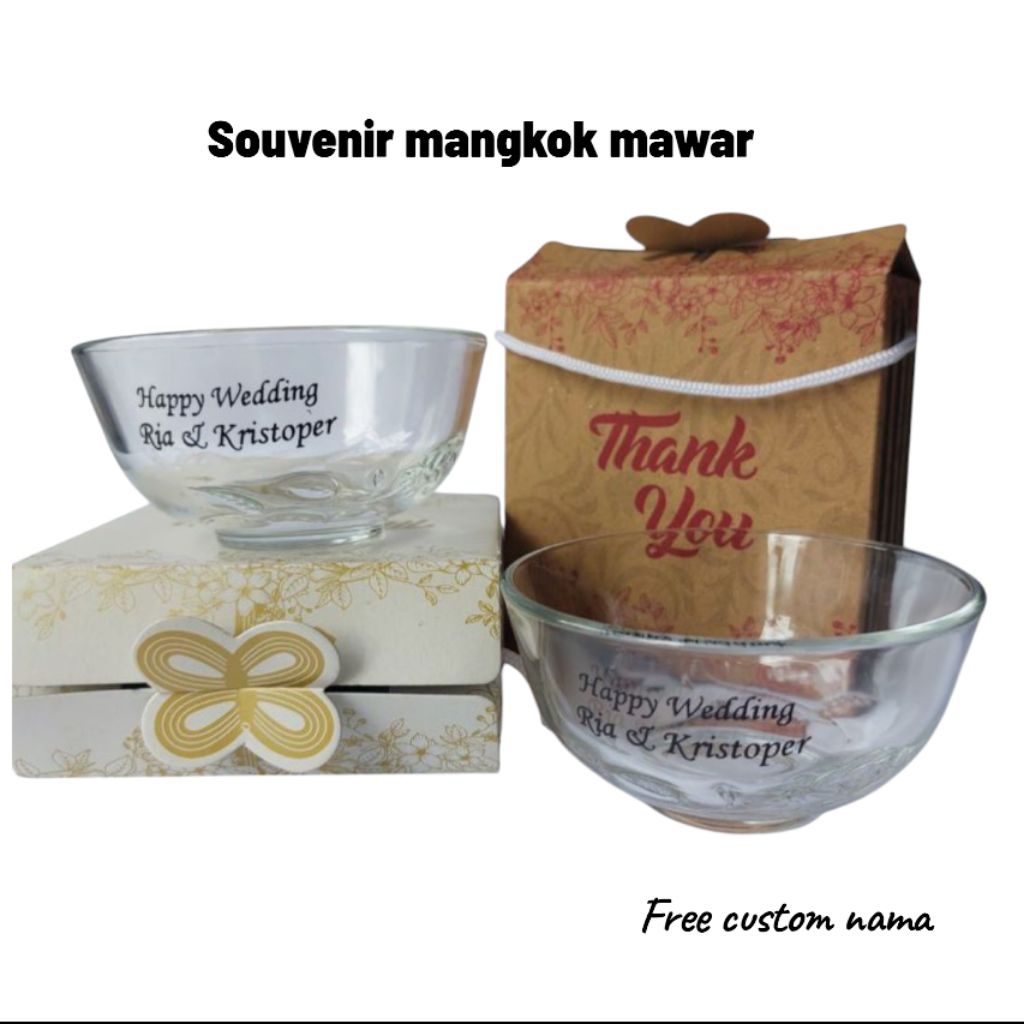 Isi 50pcs Souvenir MANGKOK KACA Kemas Box Motif Souvenir Pernikahan Mangkok Sambal Motif bunga garis